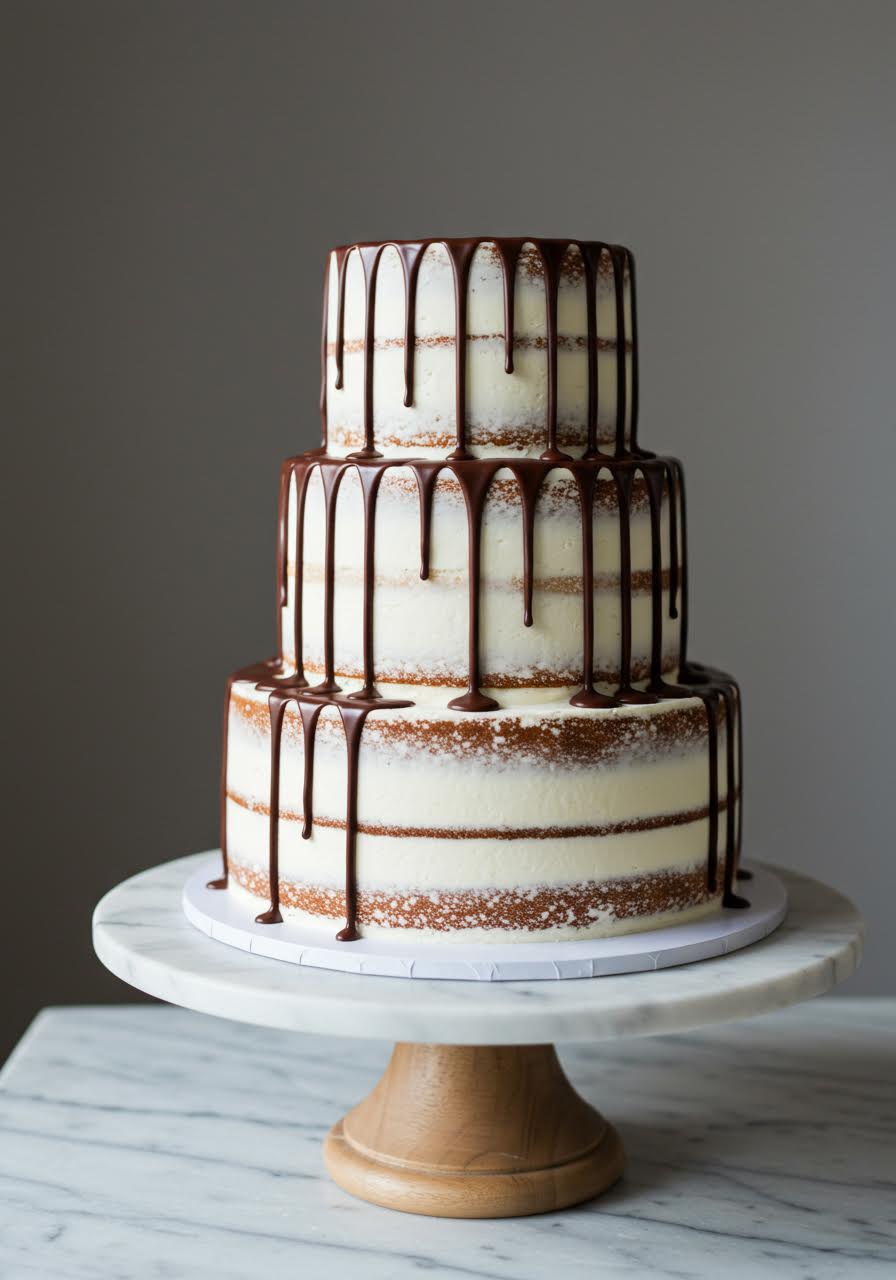 Semi-naked wedding cake with artistic chocolate ganache drip details
