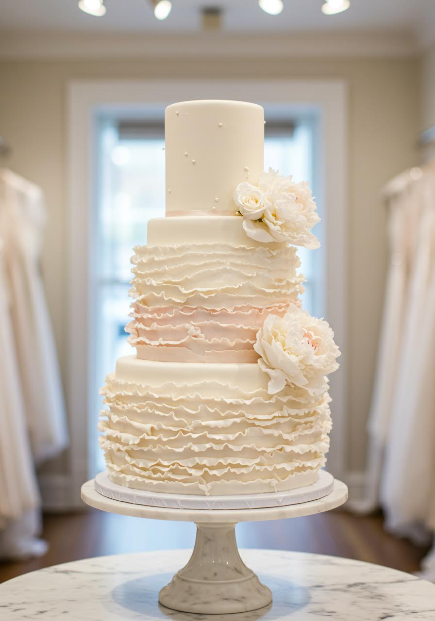 Three-tier wedding cake featuring elaborate ivory and blush fondant ruffles