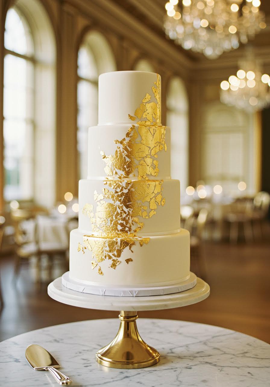 Three-tier wedding cake featuring intricate gold leaf detailing and crystal accents