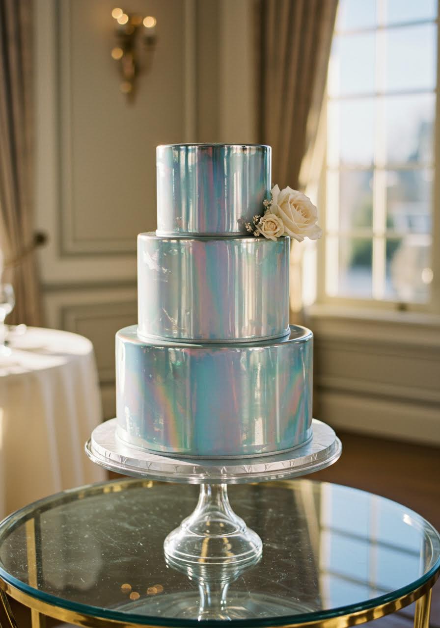 Two-tier holographic mirror glaze wedding cake with rainbow reflections