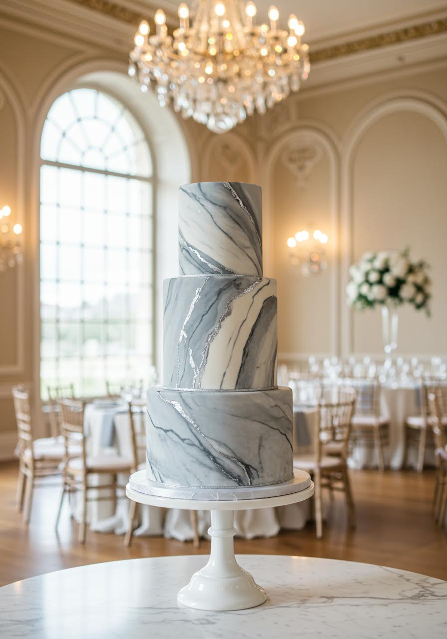 Three-tier marble effect wedding cake with realistic grey and white veining