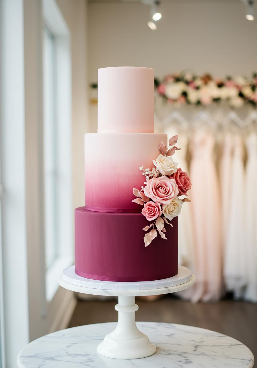 Stunning burgundy to blush pink ombre wedding cake displayed on marble pedestal