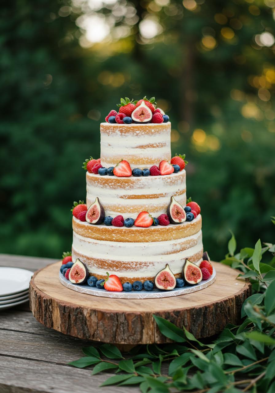 Rustic naked wedding cake adorned with cascading fresh strawberries and figs