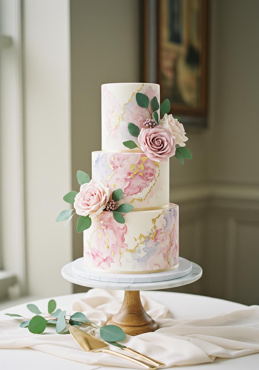Watercolour painted wedding cake with soft blush pink and lavender floral motifs