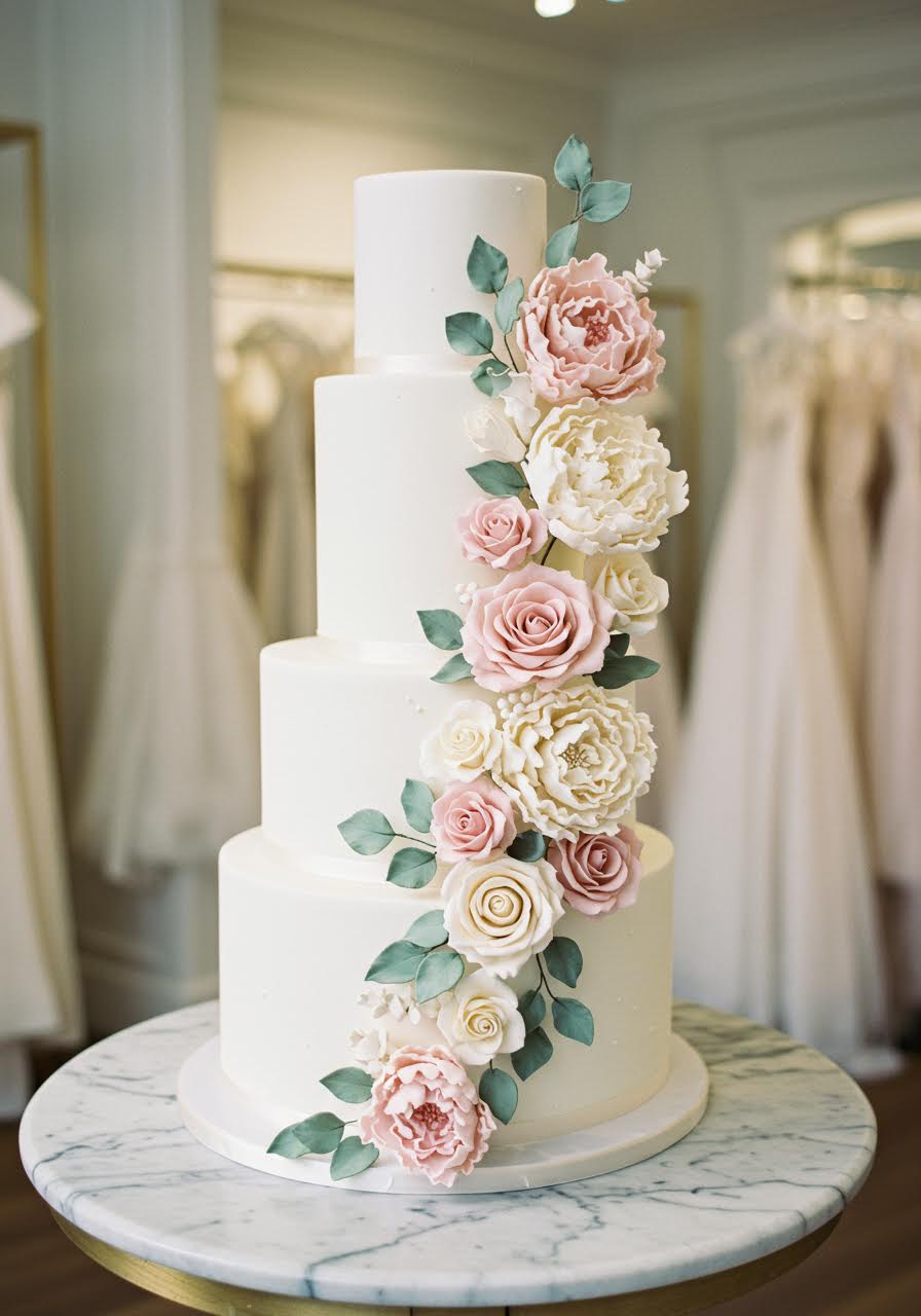 Three-tier white wedding cake with cascading handcrafted sugar flowers in pink and ivory