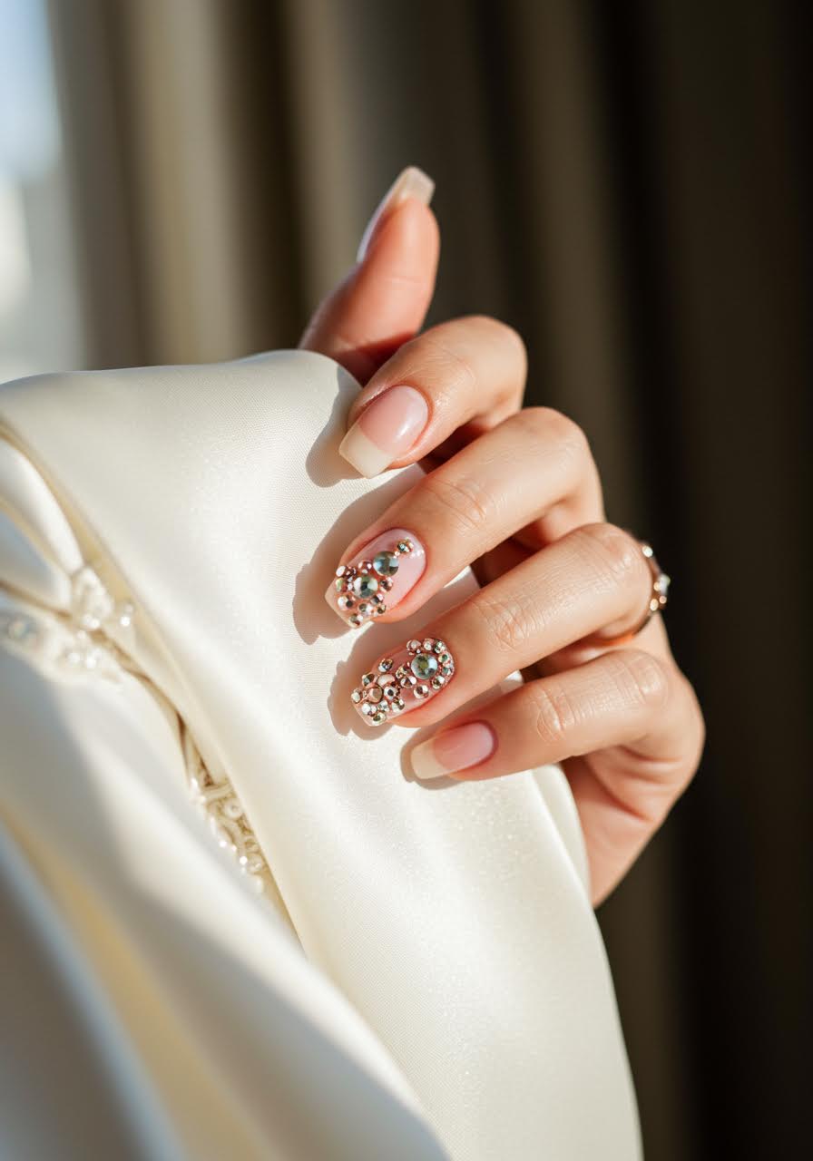 Elegant ivory base with delicate crystal accent nail details
