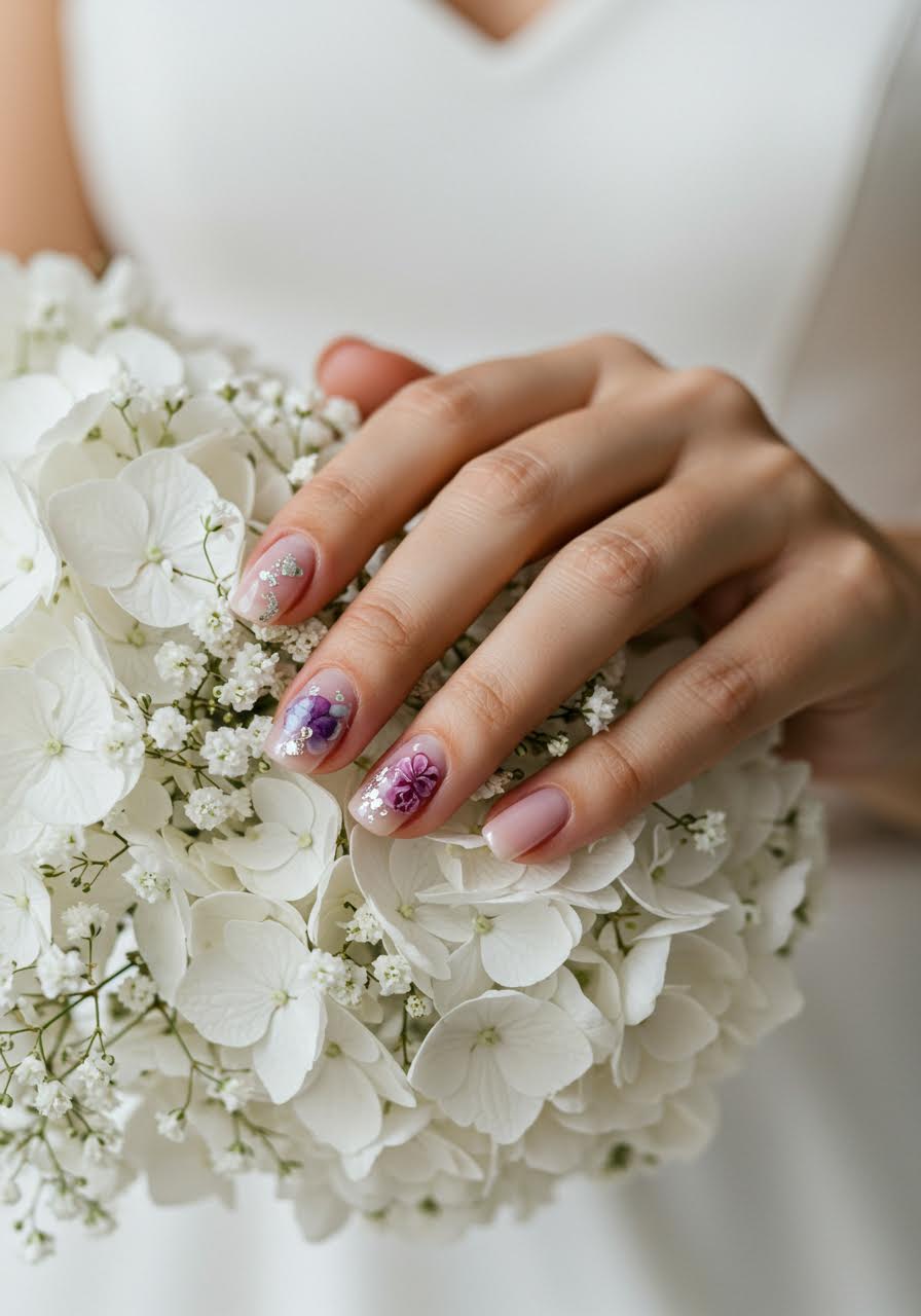 Artistic bridal floral design featuring miniature garden blooms