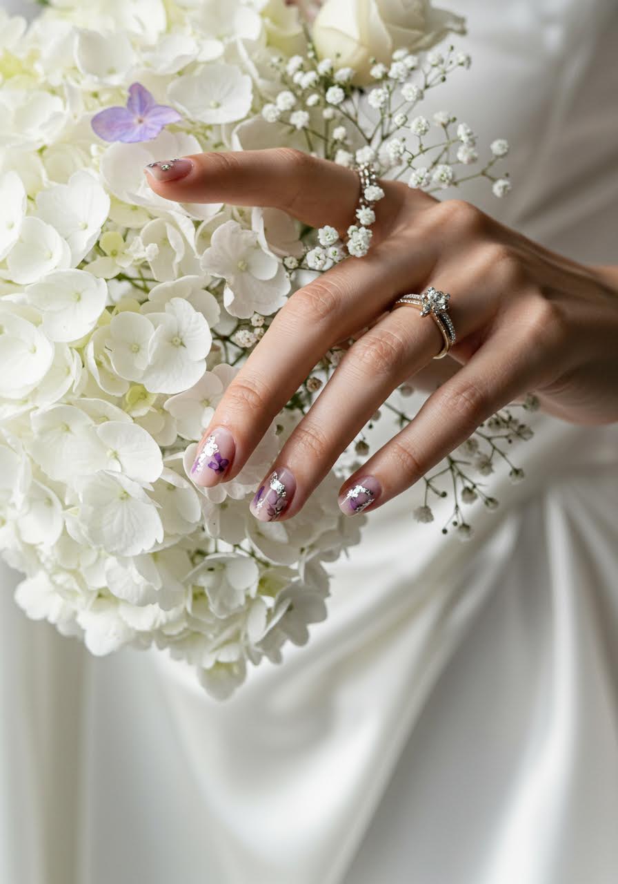 Hand-painted wedding nail flowers with romantic petal details