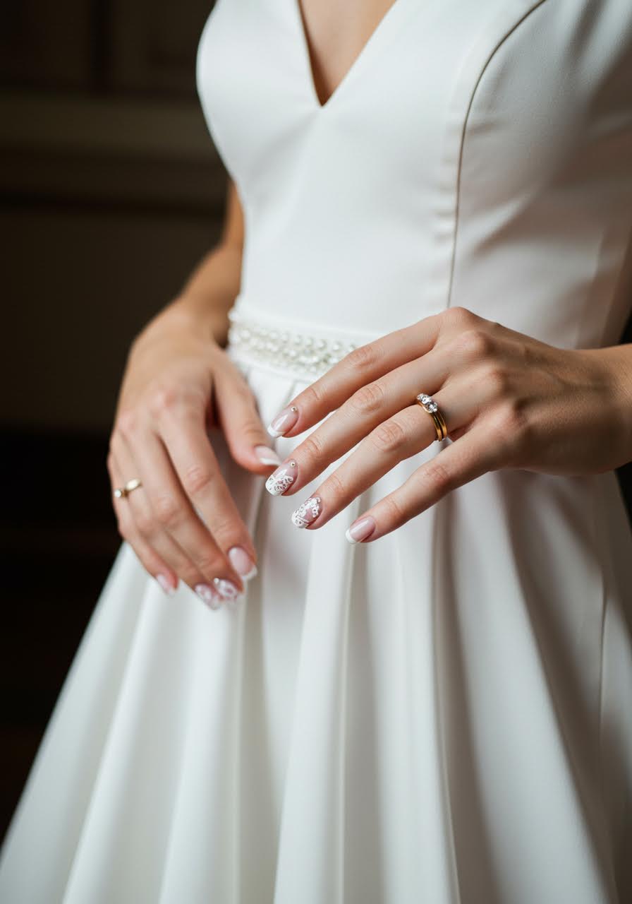 Delicate lace-inspired wedding nail art with pearl accents