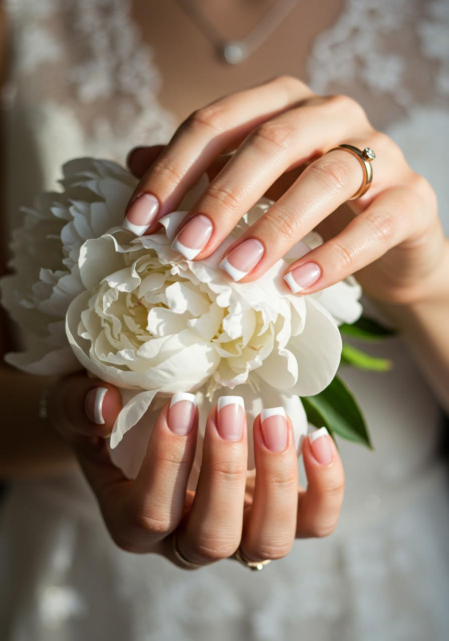 Pure white bridal nails with peony bouquet in golden light
