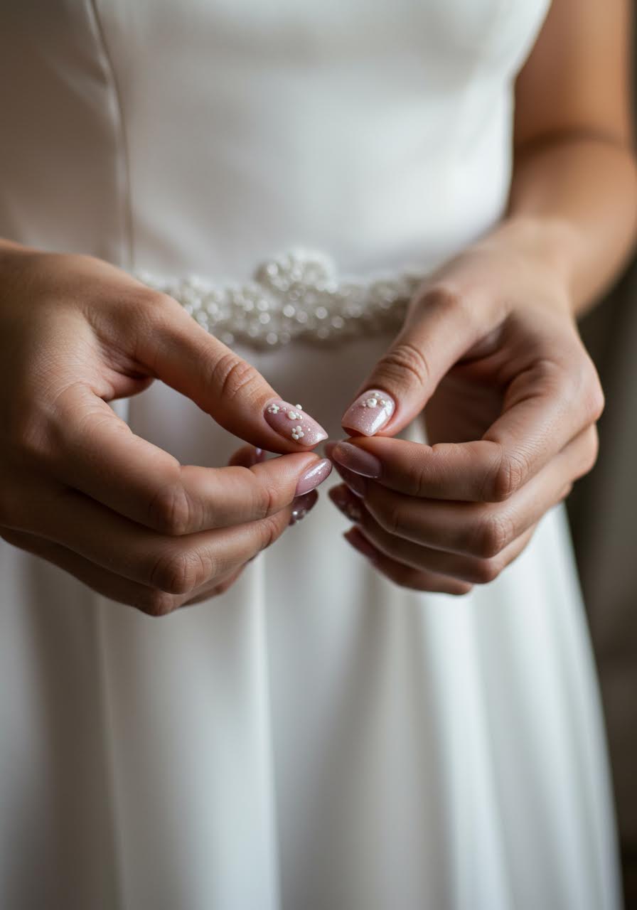 Romantic pink wedding nails featuring subtle flower accents