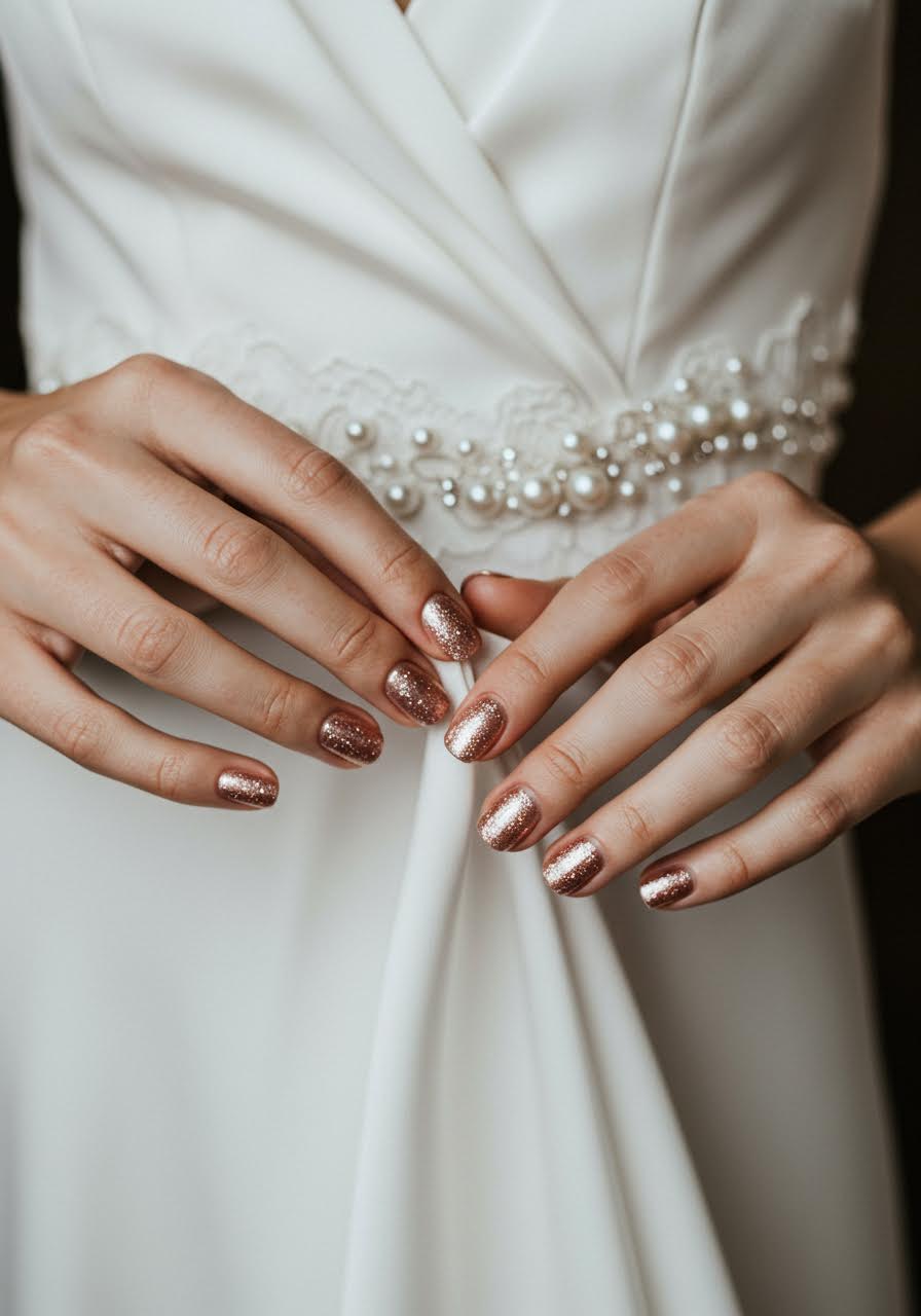 Subtle rose gold bridal manicure with refined metallic accents