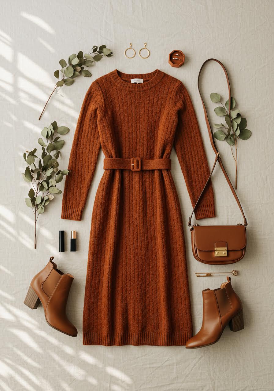 Women's autumn wedding outfit with rust-colored midi dress and coordinating accessories