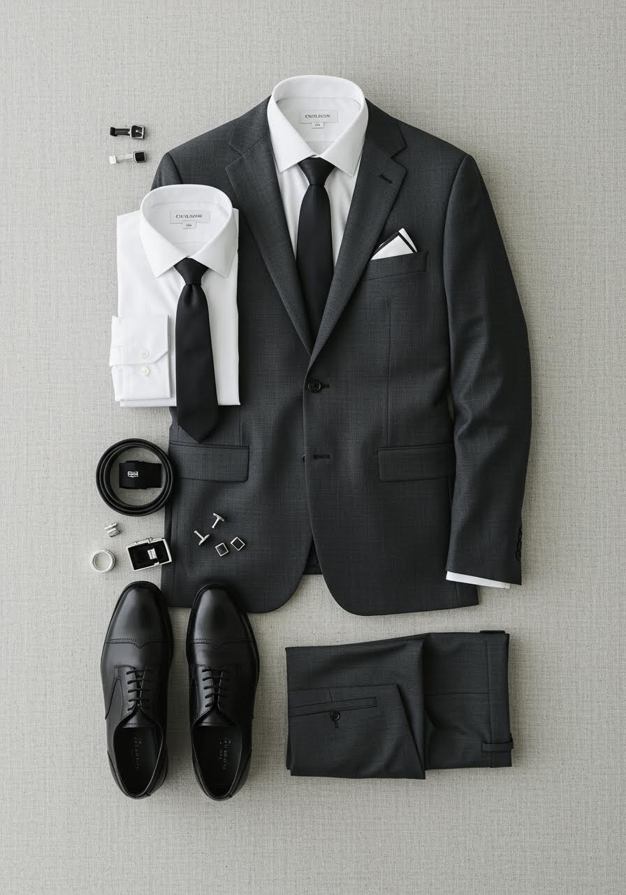 Modern monochrome men's wedding outfit featuring grey suit with minimalist accessories