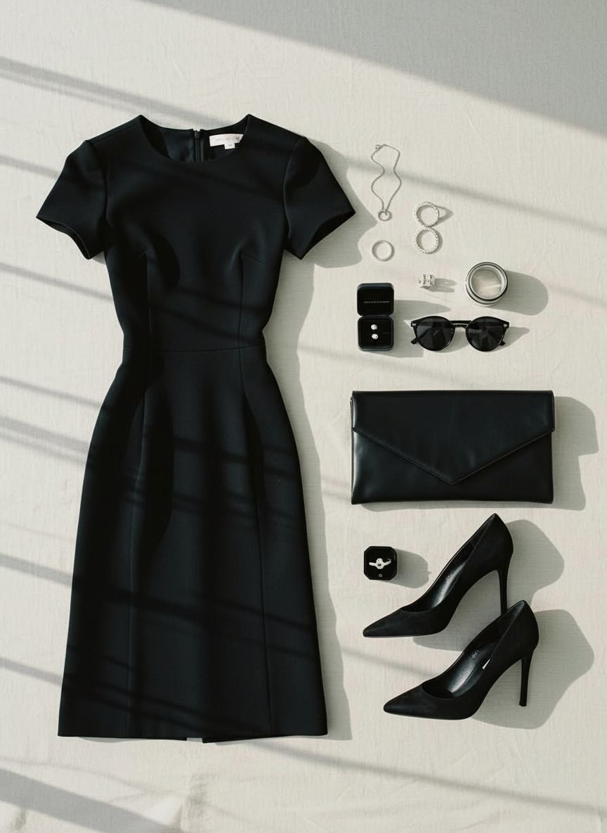 Women's monochrome wedding guest outfit with black midi dress and contrasting white accessories