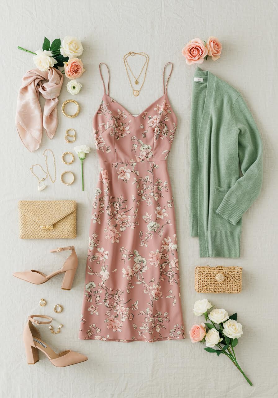 Romantic spring wedding guest outfit with silk dress and ethereal accessories