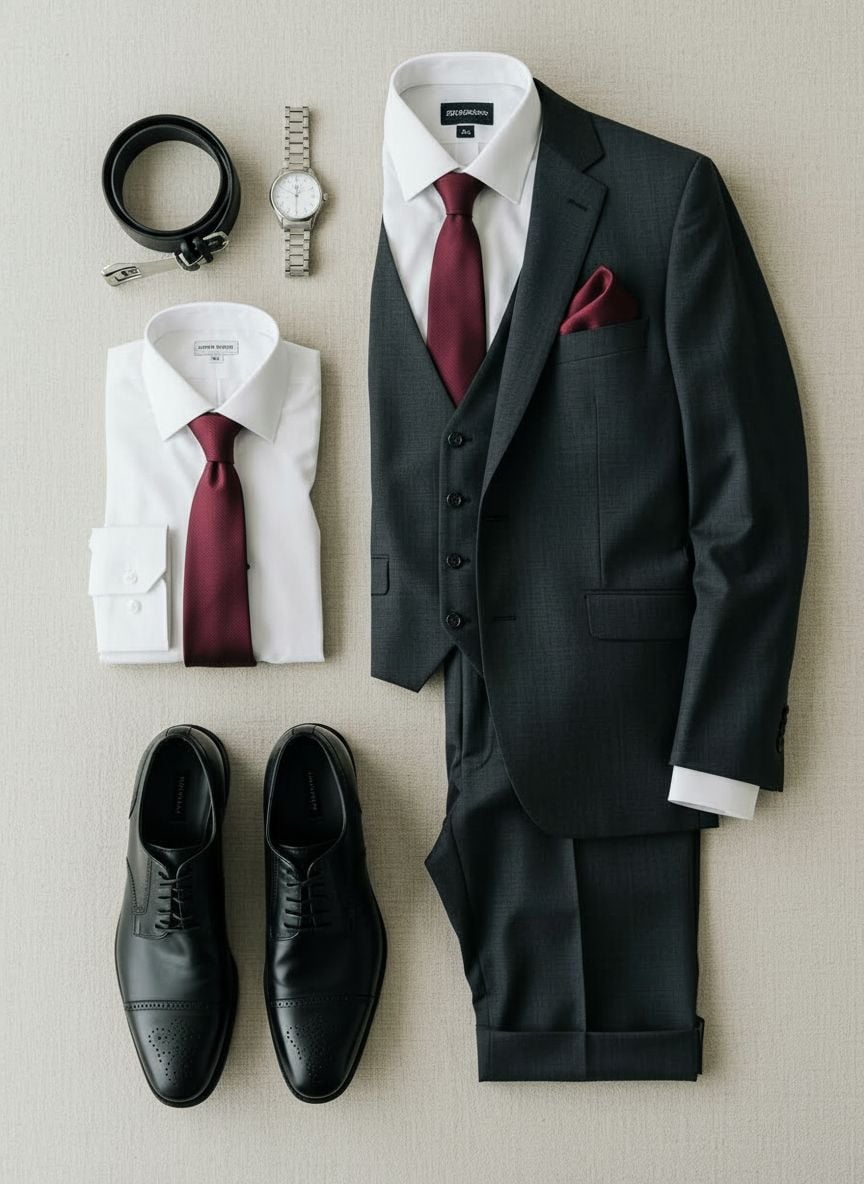 Classic men's winter wedding attire with charcoal suit and burgundy accent tie