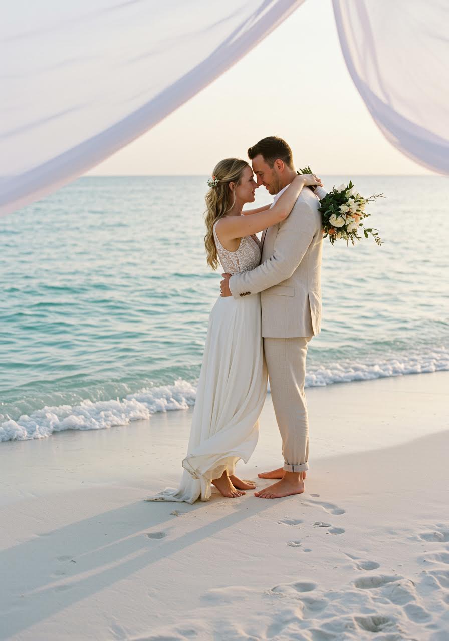 Intimate beach ceremony with bride and groom on pristine shoreline bathed in golden hour light