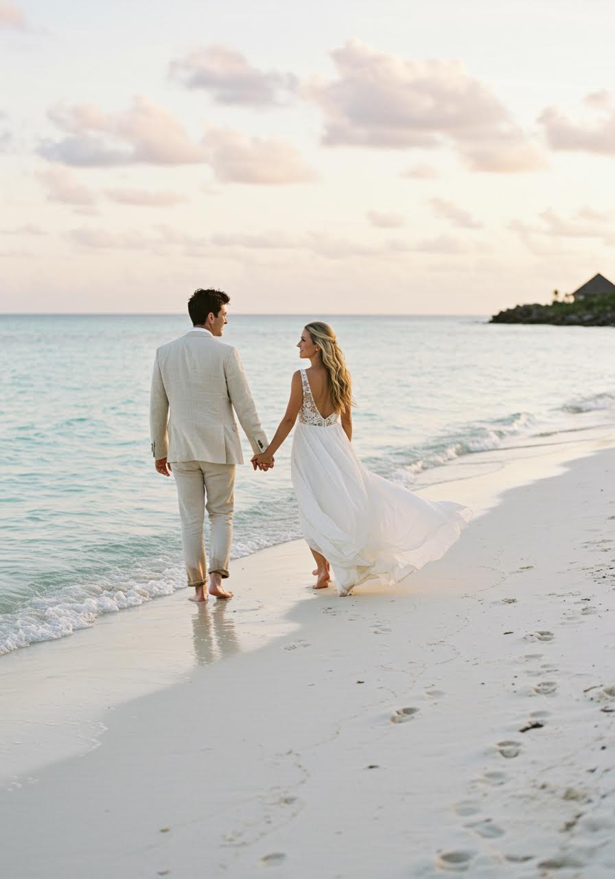 Romantic beach wedding couple walking hand in hand on white sand during golden sunset