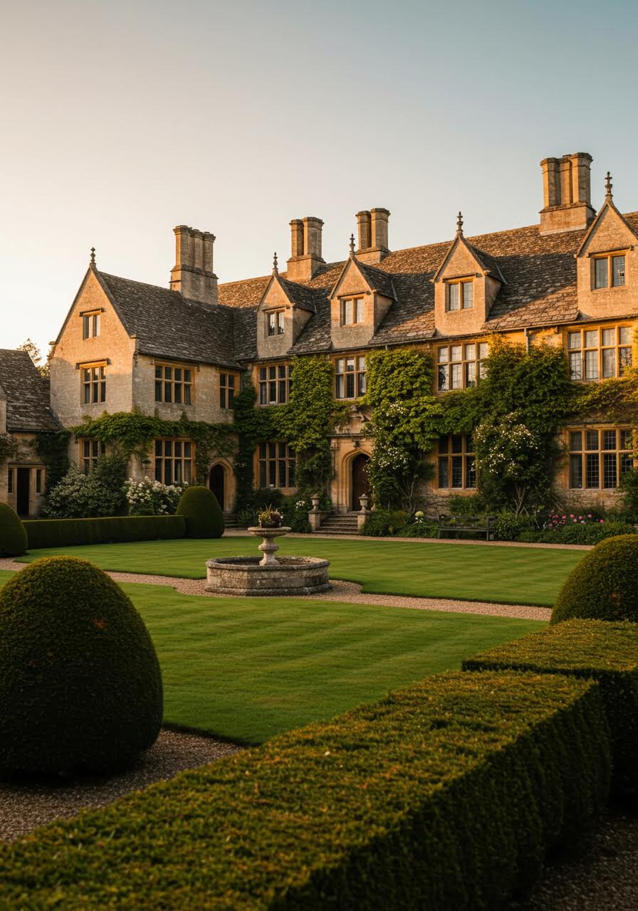 Historic Cotswold manor house with ivy-covered honey stone walls and perfectly manicured English gardens