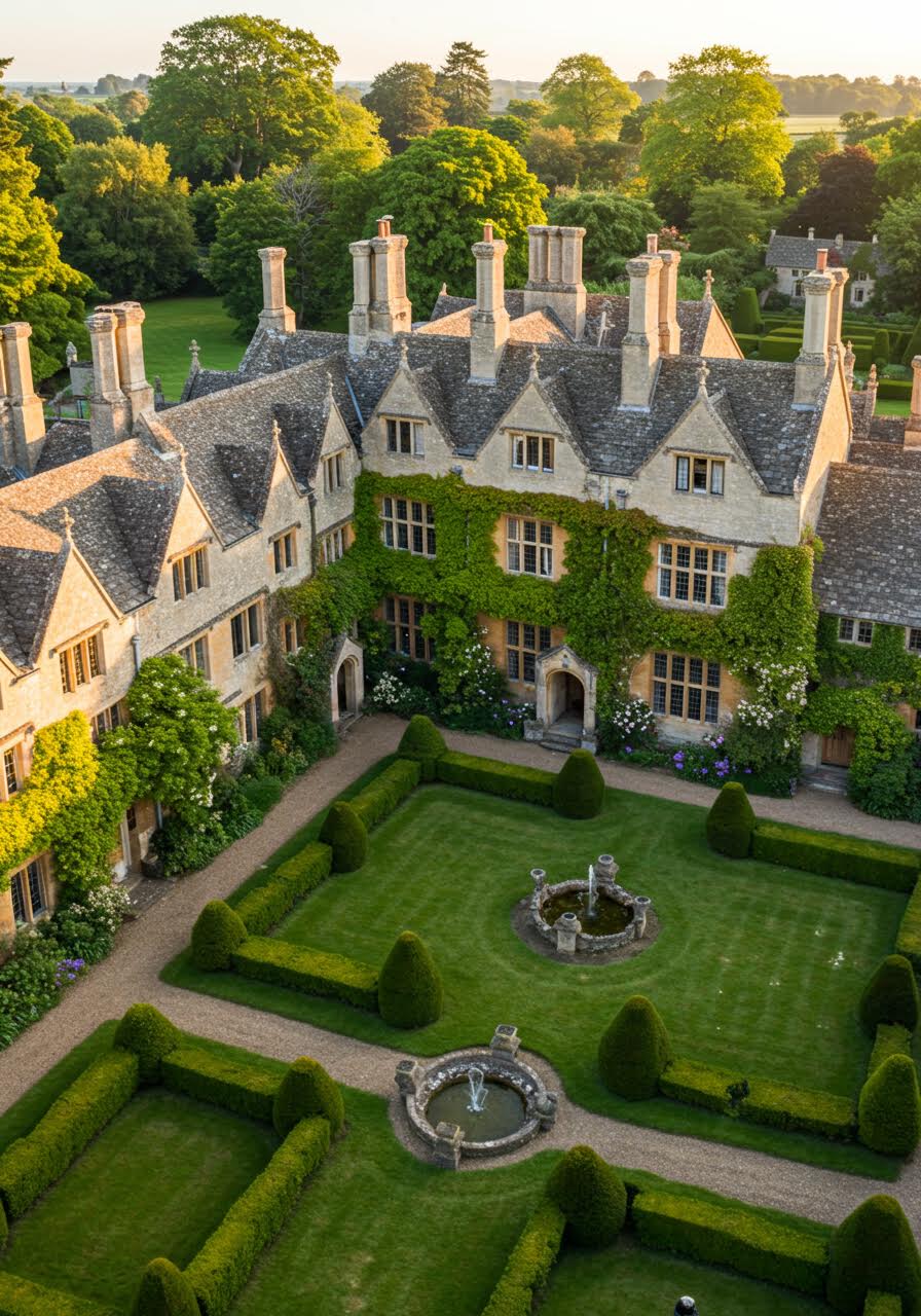 Grand English manor wedding venue with warm stone architecture and geometric garden design