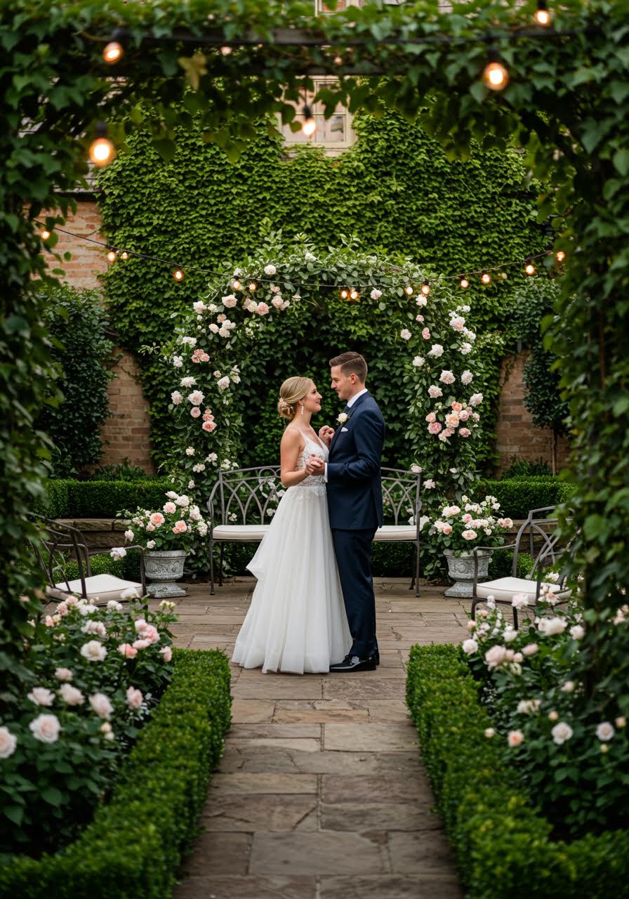 Couple's magical first dance on stone patio surrounded by lush garden landscaping and blooming flowers