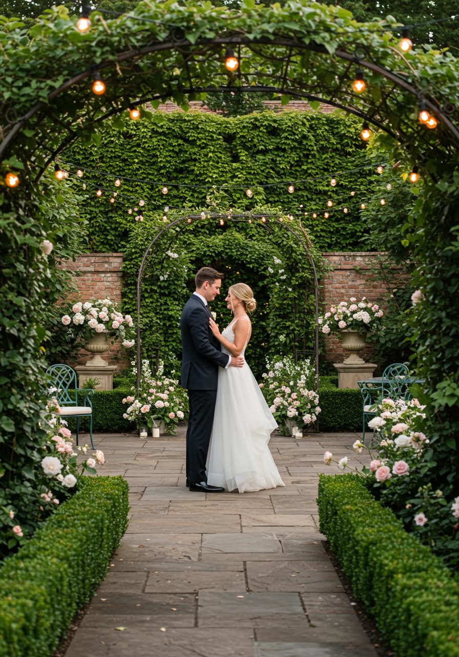 Intimate garden courtyard first dance surrounded by ivy-covered walls and romantic string lighting