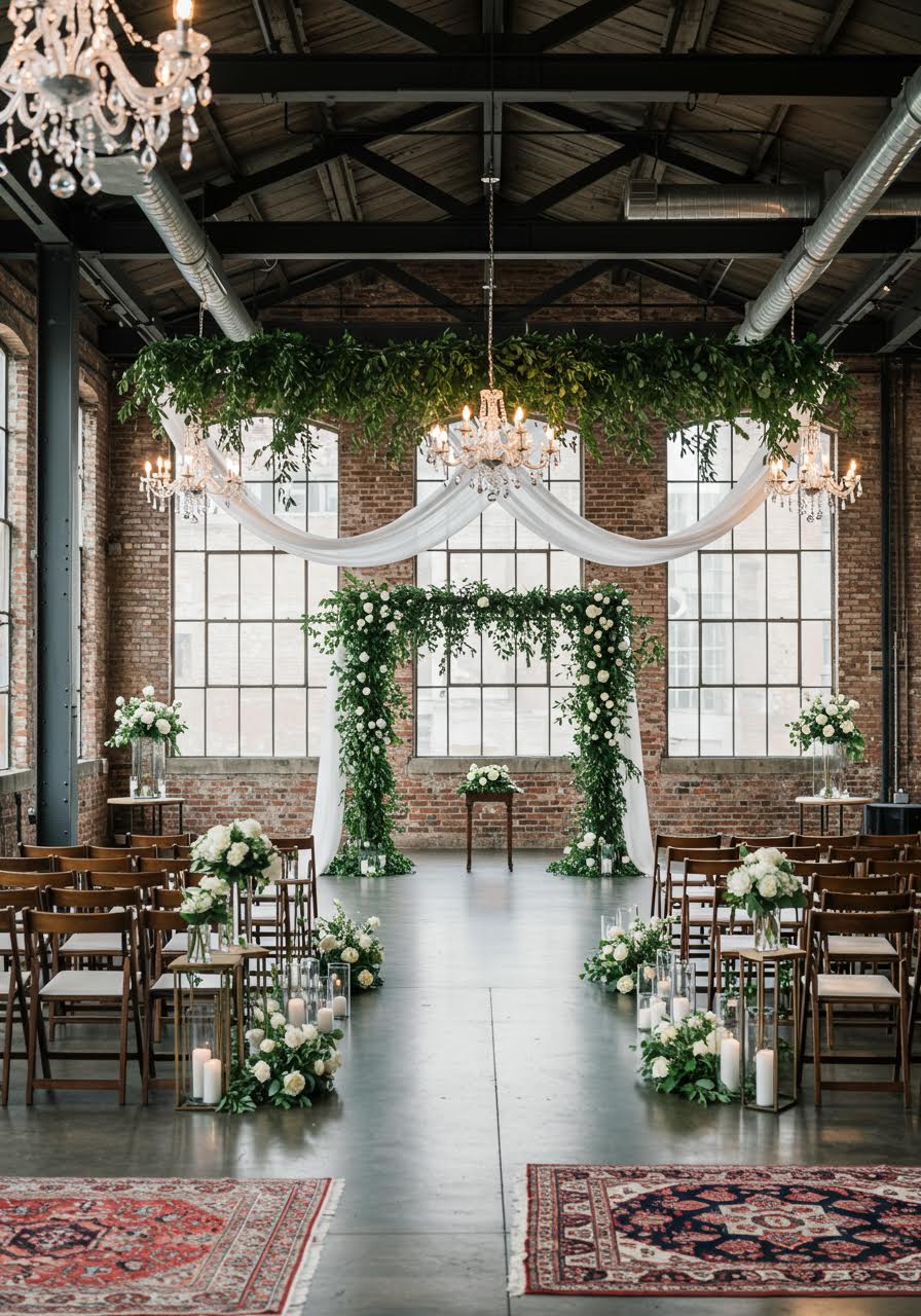 Industrial loft wedding venue with exposed brick walls, steel beams, and elegant hanging floral installations