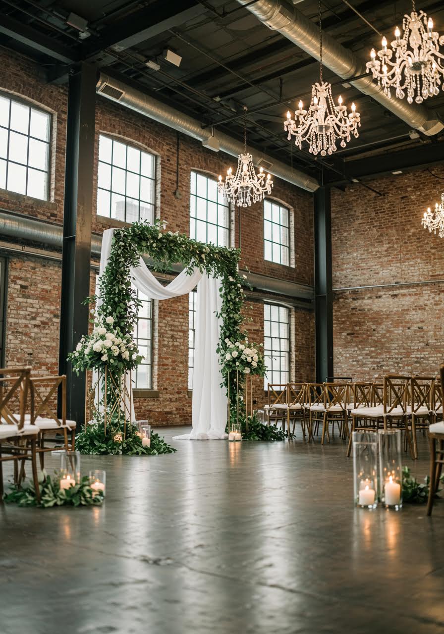 Sophisticated urban wedding space with brick walls, cascading greenery, and crystal chandeliers in converted loft