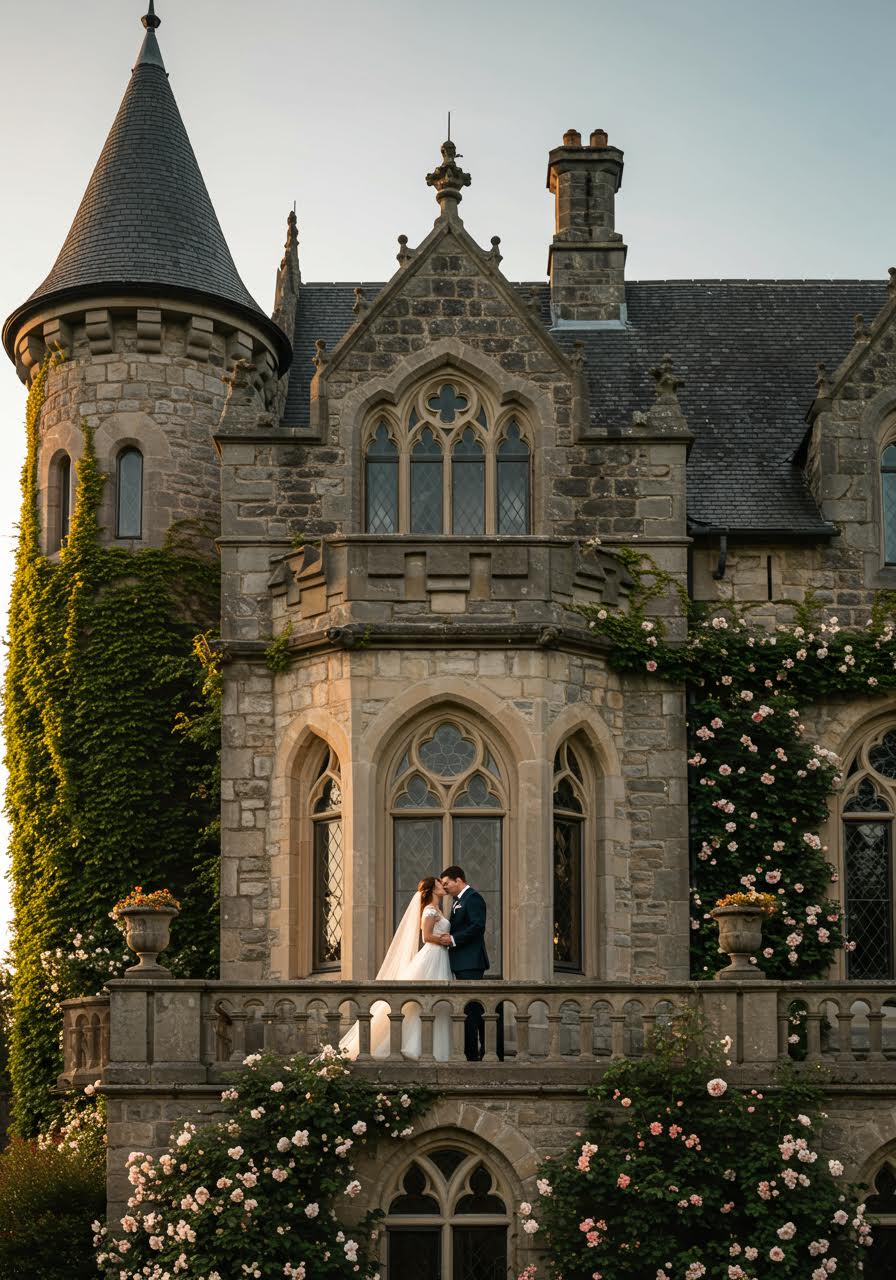 Bride and groom sharing romantic moment on ivy-covered castle balcony during dreamy golden hour