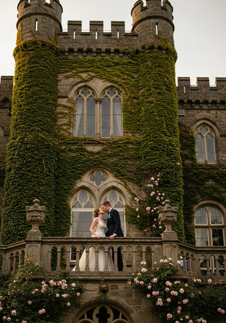 Couple embracing on grand stone castle terrace with Gothic architecture bathed in warm sunset light