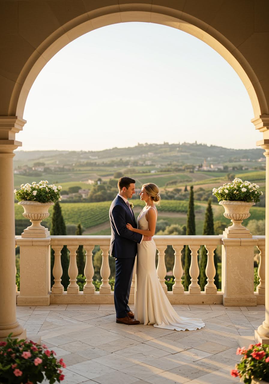 Luxury hotel terrace wedding with couple overlooking stunning vineyard valley during golden sunset