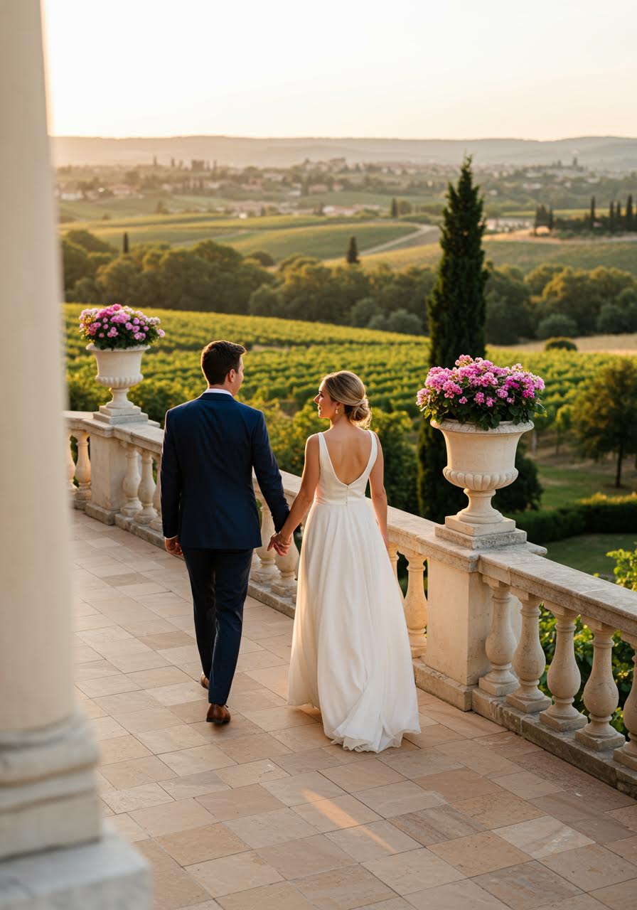 Elegant bride and groom on marble hotel balustrade with breathtaking vineyard landscape at sunset