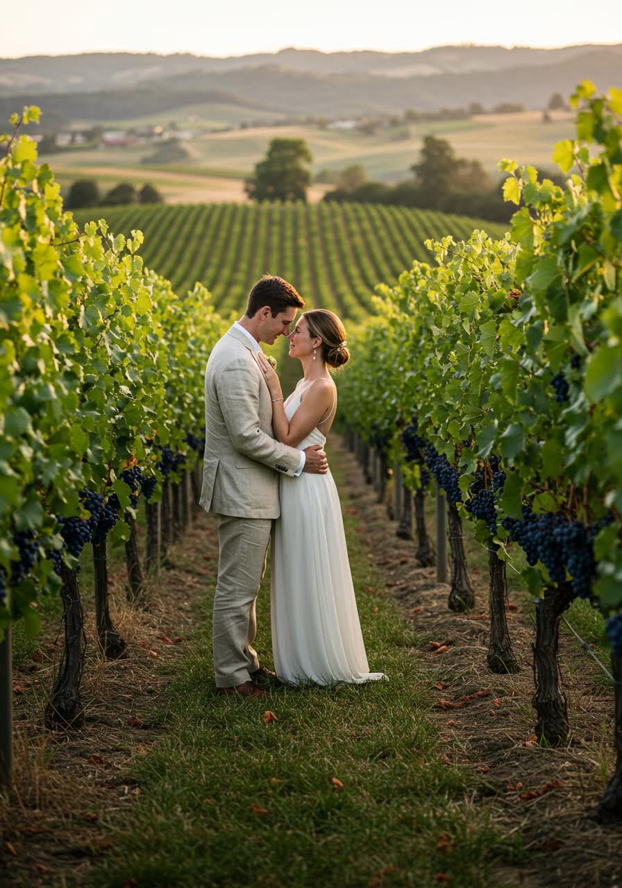 Dreamy vineyard ceremony scene with bride and groom amongst rolling vine rows at sunset