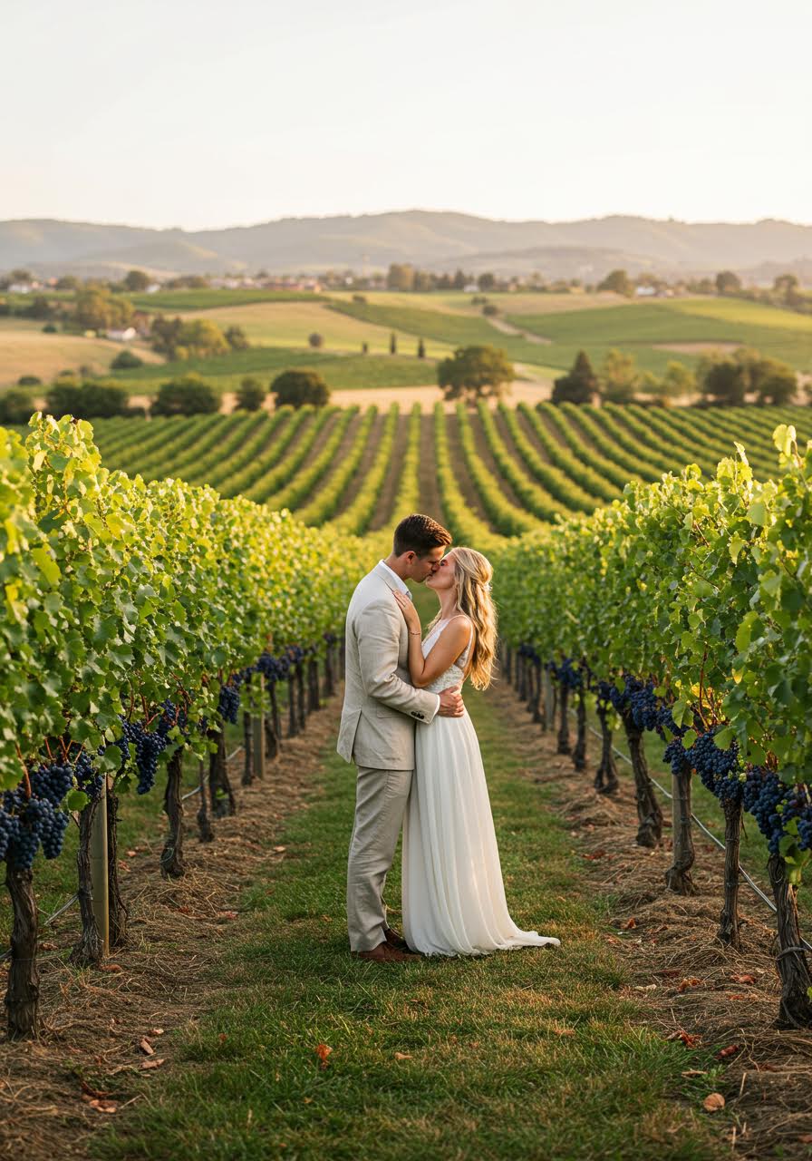 Romantic vineyard wedding couple sharing intimate golden hour moment surrounded by lush grapevines