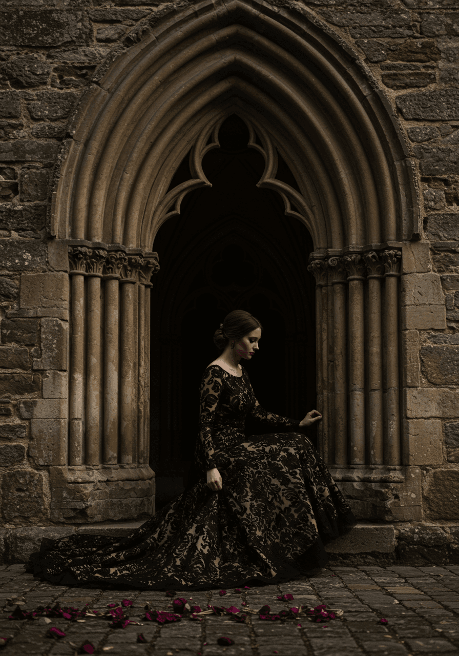 Bride adjusting cathedral train of black French lace gown among ancient stone ruins with burgundy florals scattered on cobblestones