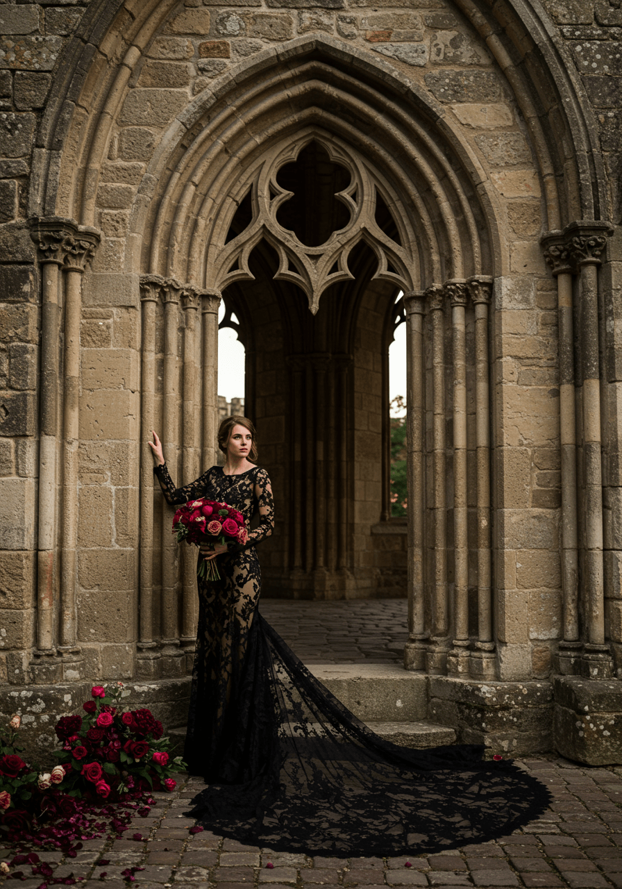 Bride in intricate black lace wedding gown standing beside Gothic stone archway in cathedral ruins during golden hour