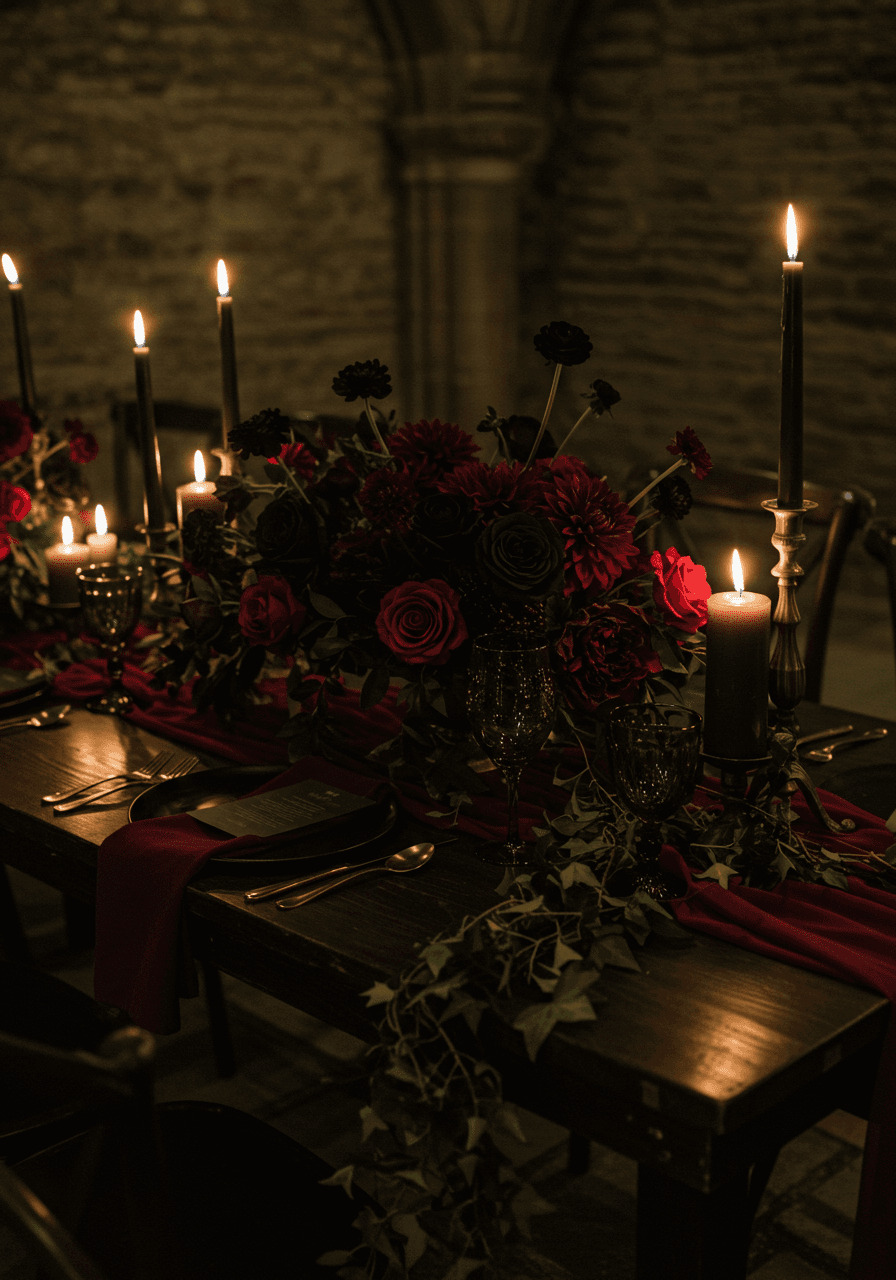 Close-up of dark wedding tablescape with black roses and burgundy dahlias on ebony table in candlelit stone chamber