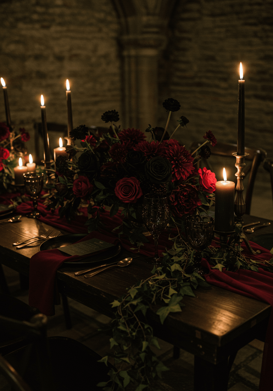 Close-up of dark wedding tablescape with black roses and burgundy dahlias on ebony table in candlelit stone chamber