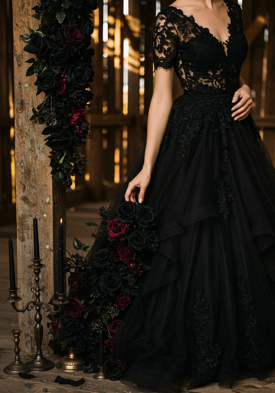 Bride in flowing black dress touching burgundy roses in rustic barn with dramatic lighting through wooden slats