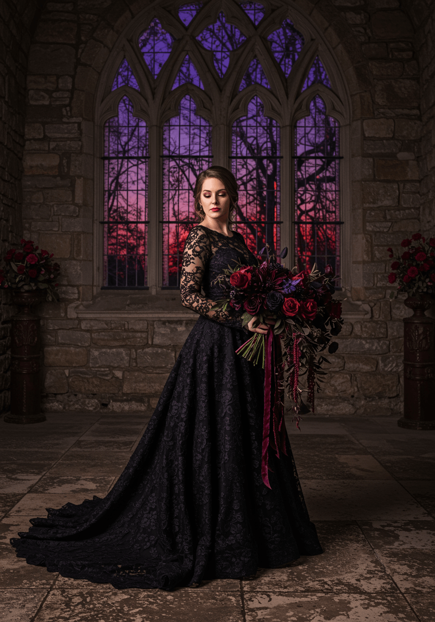 Bride in black lace wedding gown with burgundy undertones holding oversized dark floral bouquet in gothic stone chapel