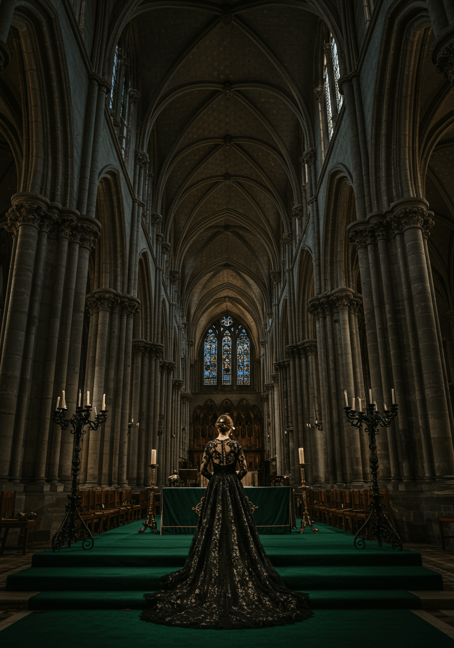 Bride in dramatic black lace wedding dress standing among towering stone columns in Gothic cathedral nave during twilight
