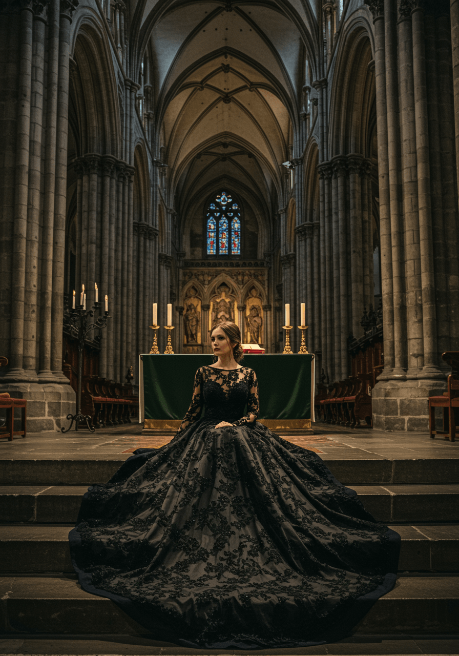 Bride in black lace gown sitting gracefully on cathedral altar steps with gothic architecture surrounding her