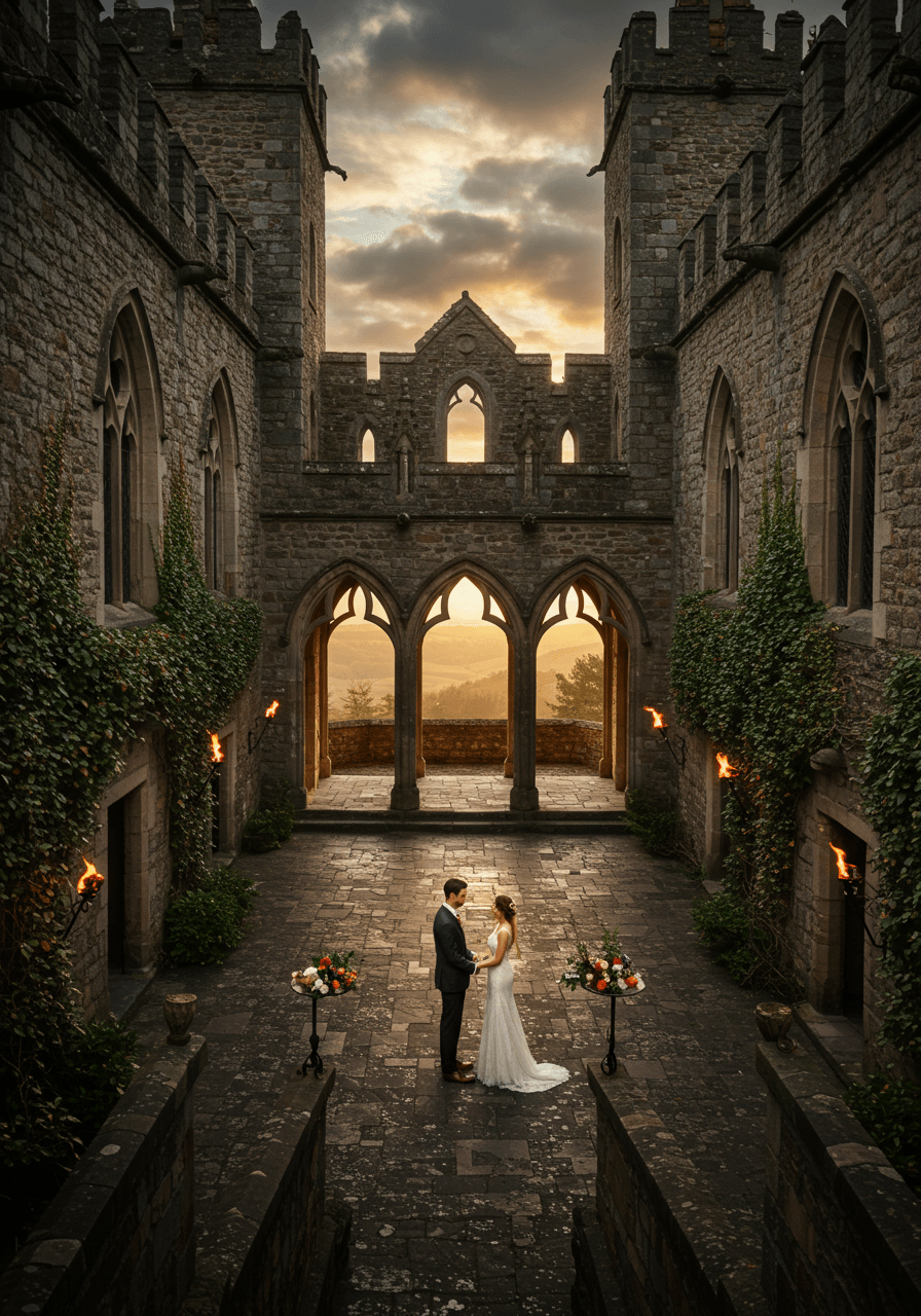 Bride and groom exchanging vows in ancient castle courtyard with towering Gothic walls and dramatic golden hour lighting