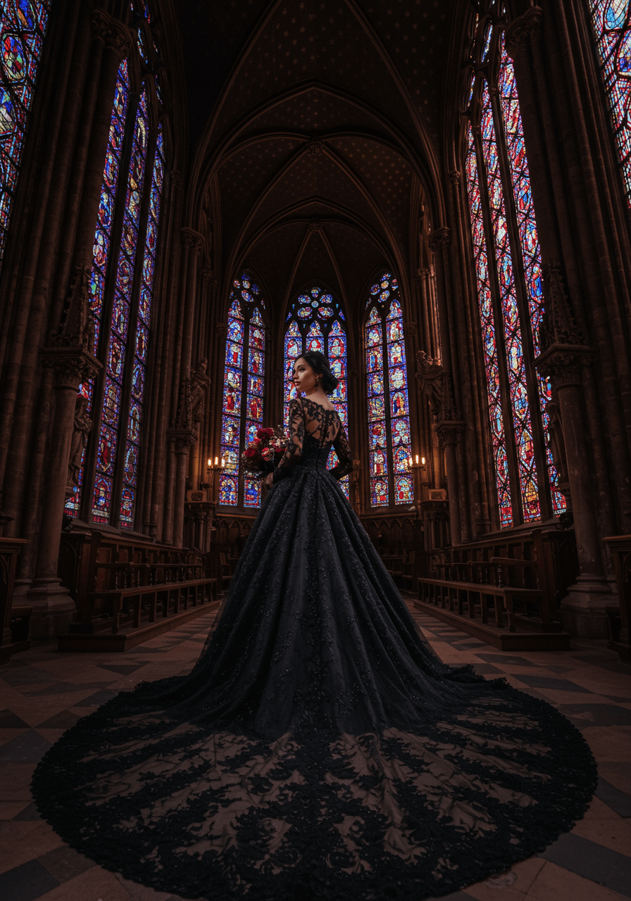 Bride in black silk wedding dress with dramatic cathedral sleeves standing in Gothic cathedral with stained glass windows