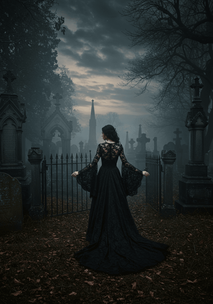 Bride in black lace wedding dress standing in misty cemetery among weathered tombstones during twilight