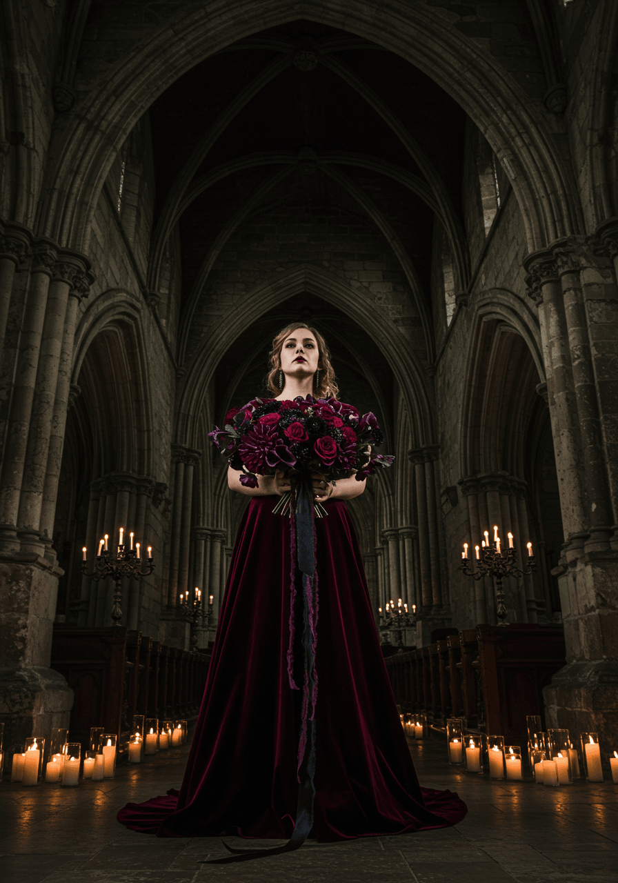 Close-up of dark floral bouquet with trailing black ribbon against gothic cathedral stone archway background