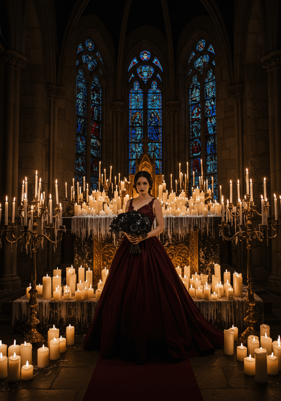 Bride in flowing burgundy wedding dress holding black rose bouquet surrounded by hundreds of melting candles in moody chapel