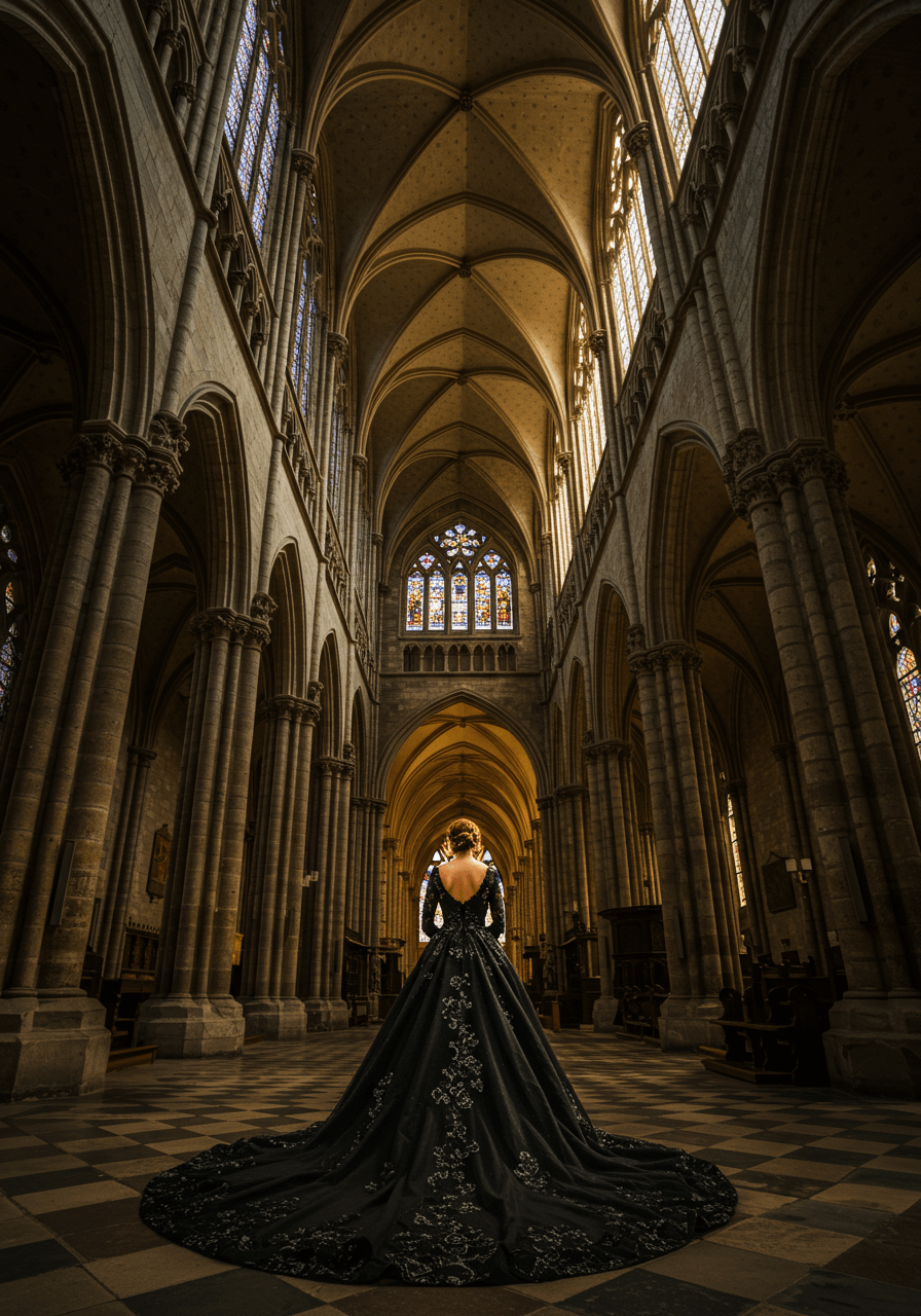 Bride in black wedding gown with silver embroidery standing in grand Gothic cathedral with golden sunlight streaming through rose windows