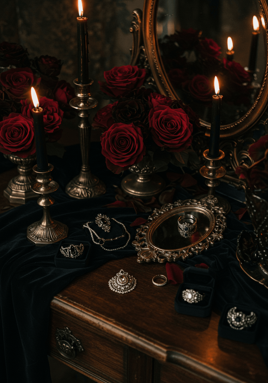 Wedding styling details with burgundy roses, gothic jewelry, and silver candelabras arranged on velvet-draped vanity table